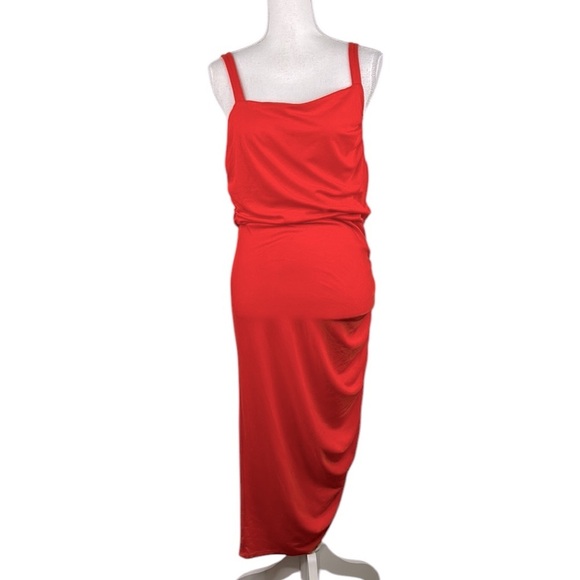 Sofia Vergara Orange Bodycon Ruched Summer Casual Midi Dress Size Large - Picture 1 of 7